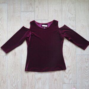 Velvet Cold Shoulder Women's Blouse 3/4 Sleeve Size S Burgundy Color